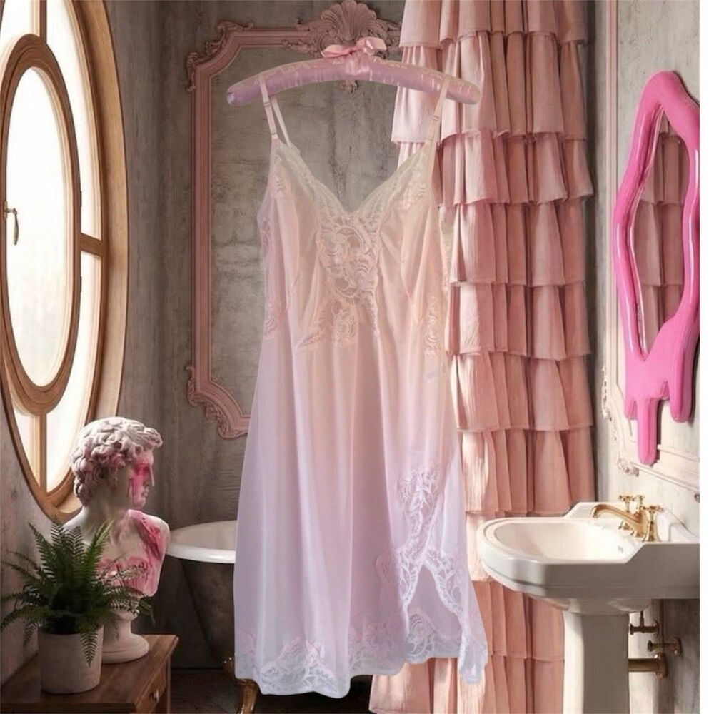 NWOT Vivian Pink Nylon Lace Chemise Slip Coquette Lingerie Size M